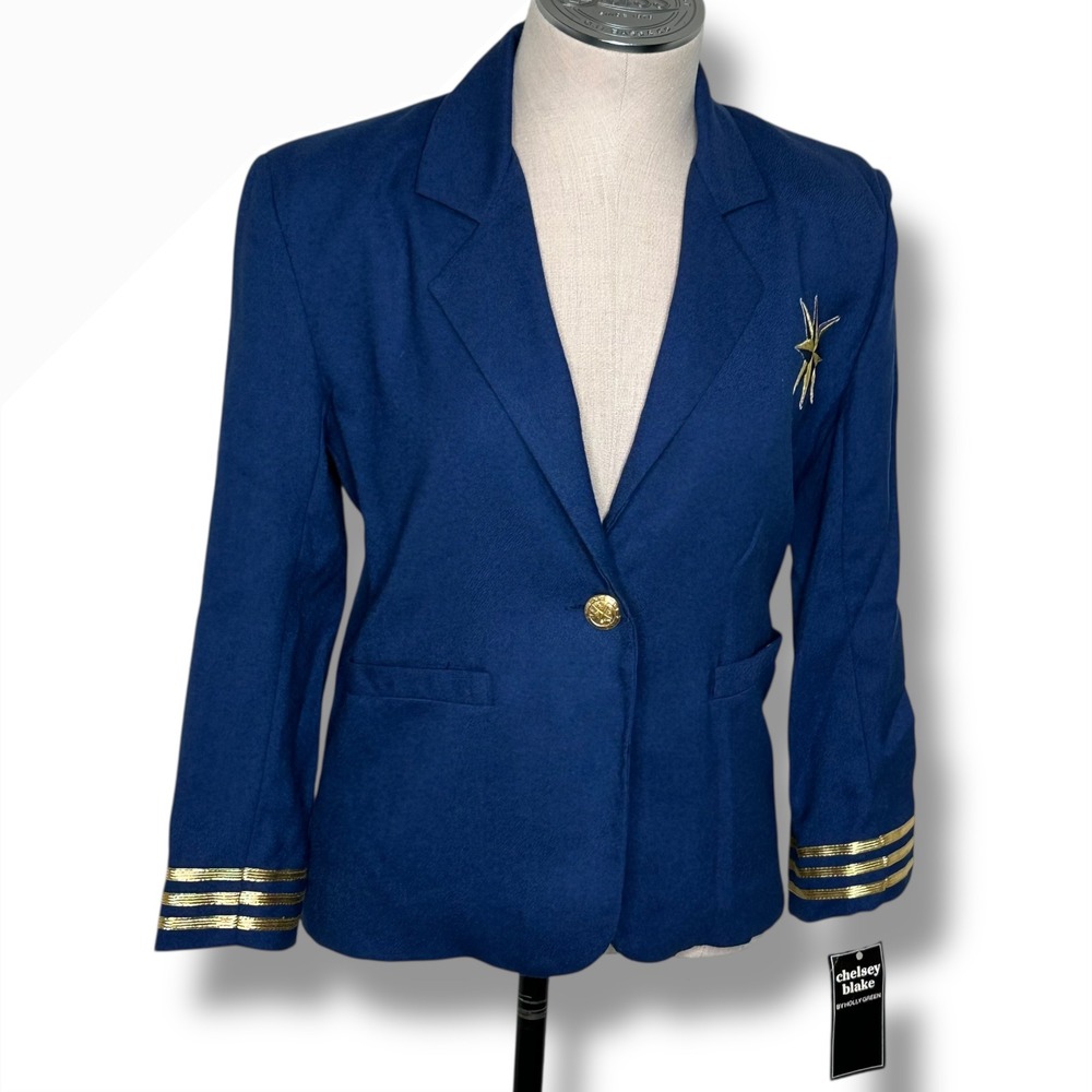 Vintage‎ Chelsey Blake By Holly Green Blazer Jacket Gold Accents Nautical Preppy